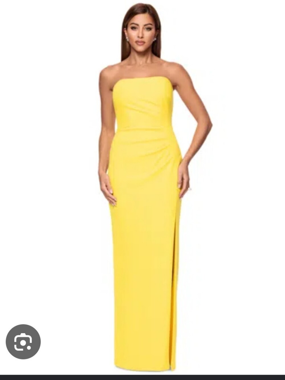 NWT Xscape Yellow Ruched Cowl Neck Maxi Strapless Dress Size 14 Slit Formal $219